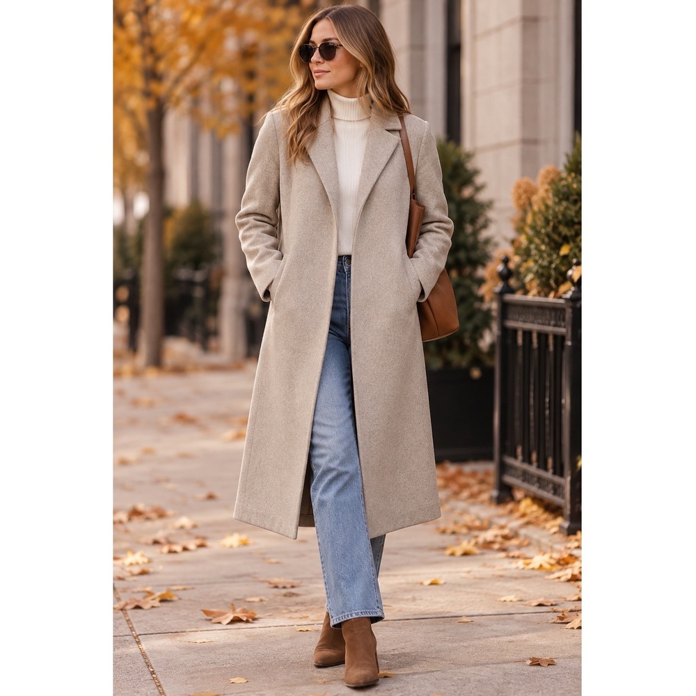 Zara Soft Feel Longline Coat Size L Polyester Oatmeal Beige Minimalist Chic